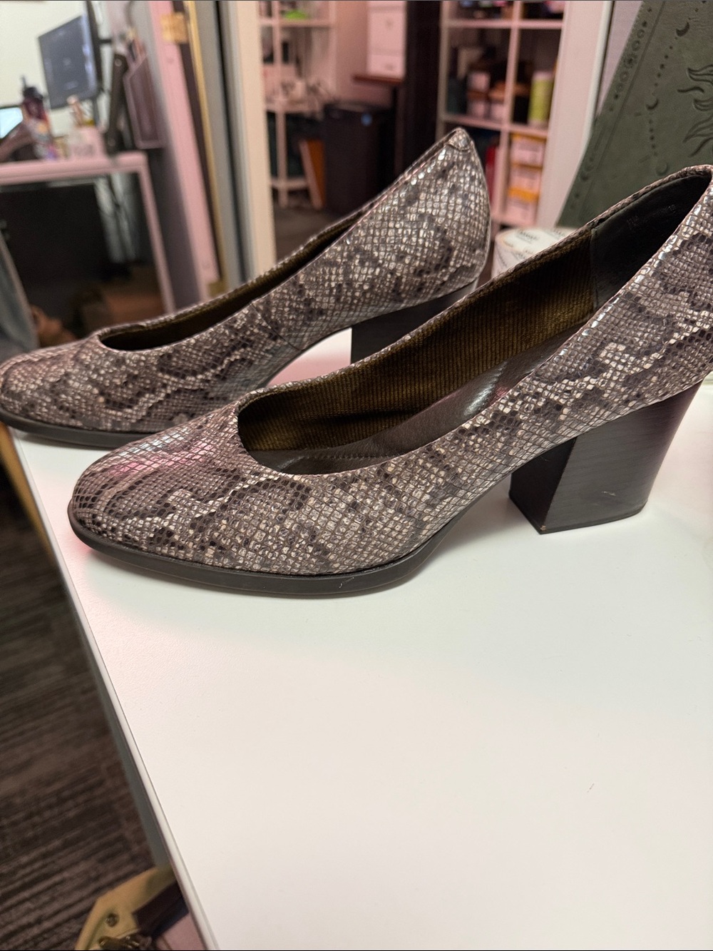 Born Snake-Print Low Block Heel Pumps in Grey